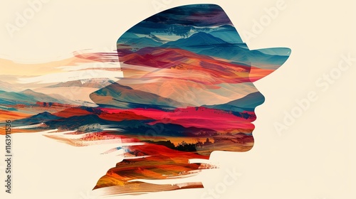 Double exposure combines a man's face and high mountains at sunset. Panoramic view. The concept of the unity of nature and man. Dream, reminisce or plan a climb. Illustration for design.