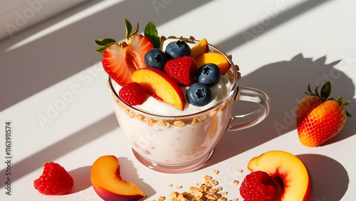 Smooth fruit yogurt paired with juicy berries and tender peaches, creating a perfect balance of flavor and freshness.