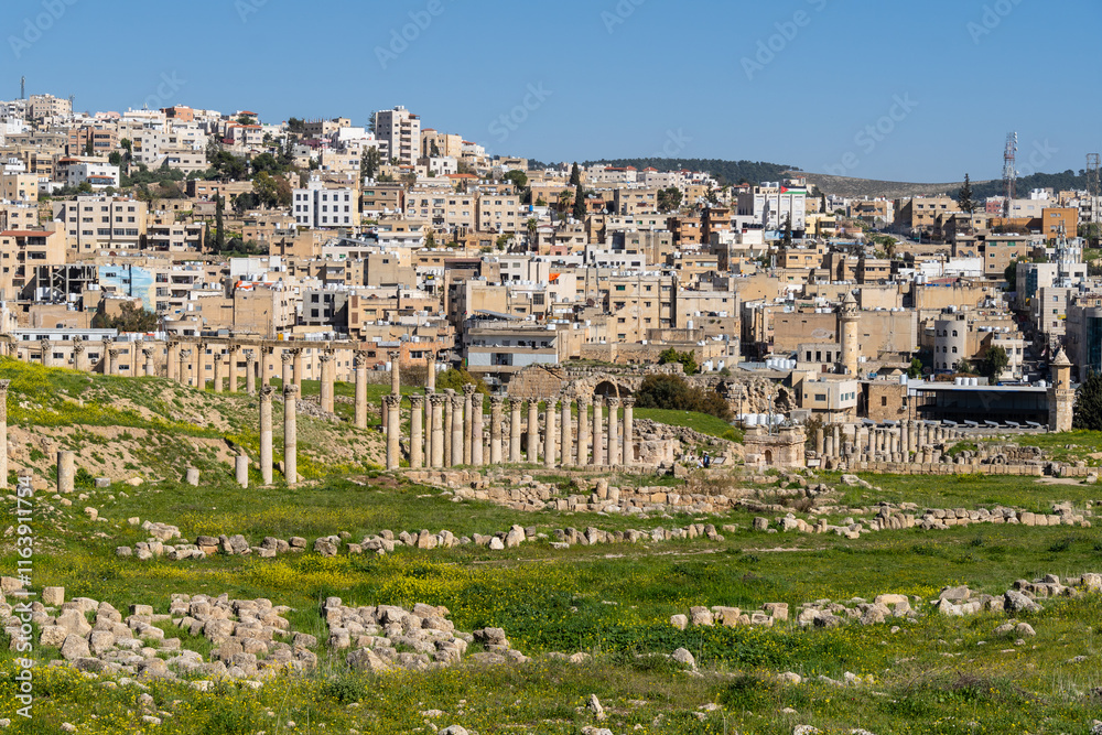 Jerash, Jordan: The ancient Greco-Roman city of Gerasa famous for temples, amphitheater and columns in Jordan in the Middle East.