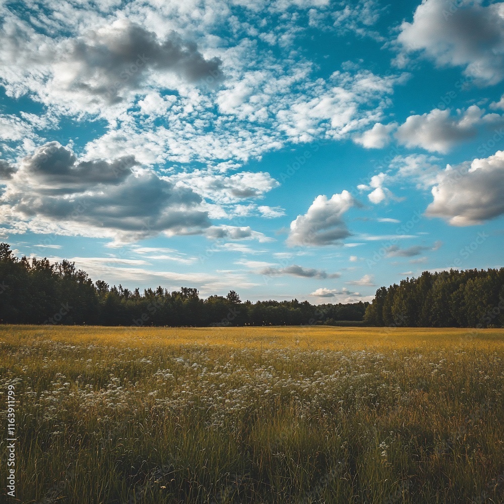 Fototapeta premium Serene Summer Meadow Under a Vast Sky