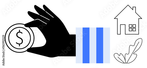 Black hand clutching a coin with a dollar sign, placed near a house and leaf icon. Ideal for finance, investment, real estate, budgeting, savings, economic growth wealth. Abstract line flat metaphor