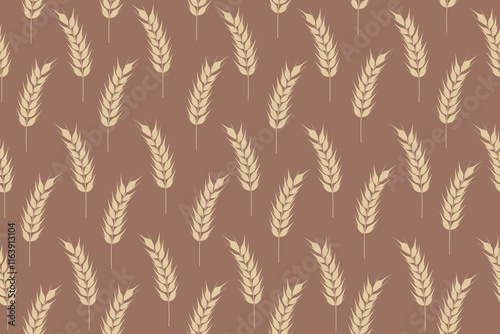 Seamless pattern of golden ripe ears of wheat. Agricultural symbol, flour production. Bread wrapping paper. Mocha mousse background. Vector