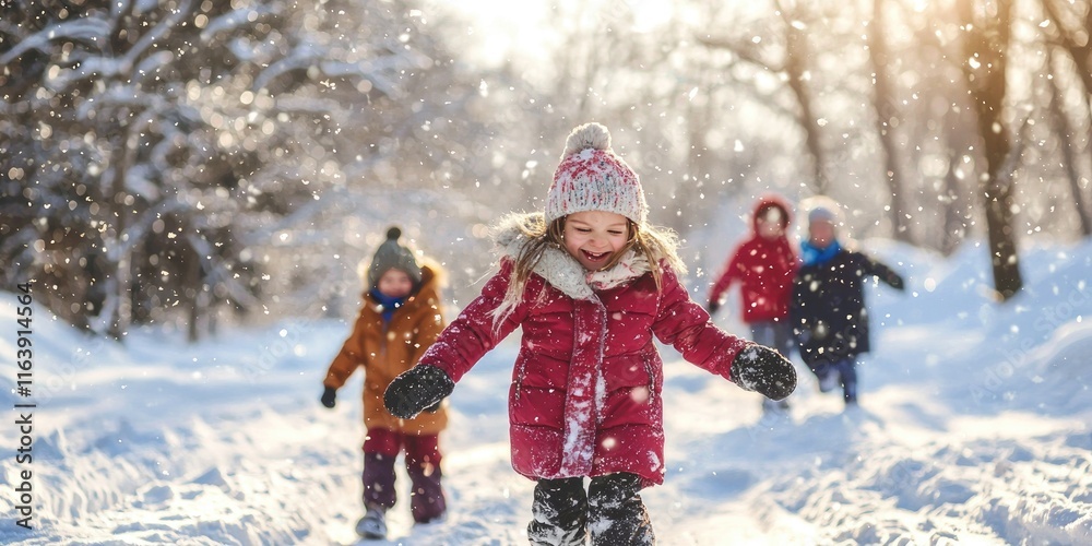 A snow-covered landscape with children and families out enjoying a perfect snow day. A snow-covered landscape with children and families out enjoying a perfect snow day.