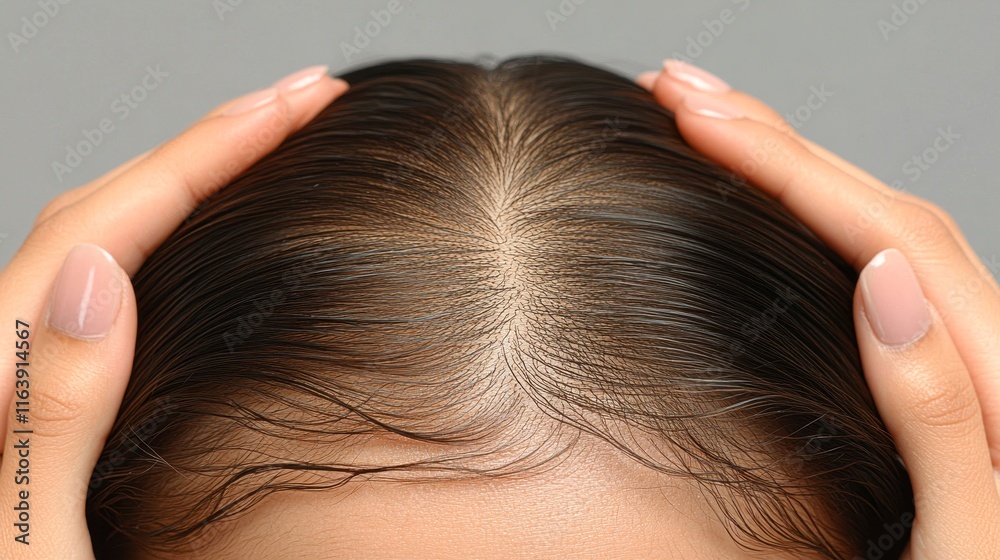 Naklejka premium Close-up of a person's scalp, hands gently holding hair, showcasing healthy strands and a clean parting, Ideal for beauty, hair care, and wellness marketing materials,