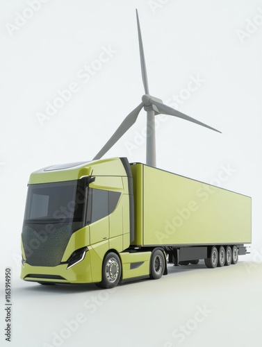 A futuristic green truck with a wind turbine, symbolizing eco-friendly transport solutions.