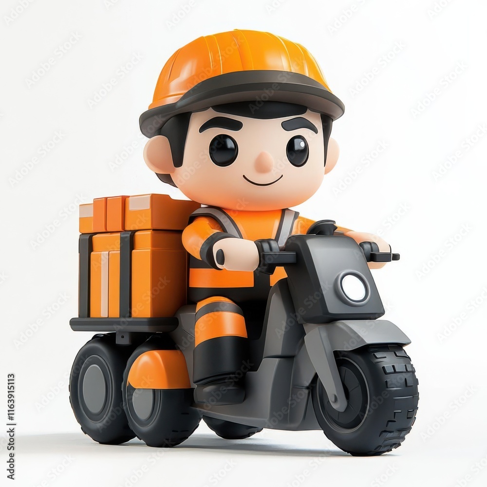 A cheerful delivery worker riding a scooter with packages. A cheerful delivery worker riding a scooter with packages.
