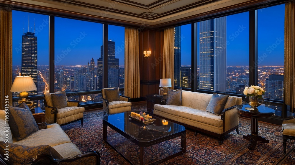 Fototapeta premium Luxury Penthouse Suite with Stunning Chicago Night Cityscape View