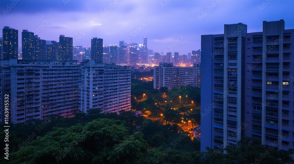 Fototapeta premium Twilight Cityscape: Hong Kong's Urban Skyline at Dusk