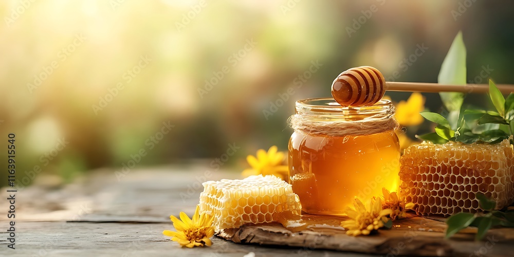 Jar of honey with honeycomb Jar of honey with honeycomb