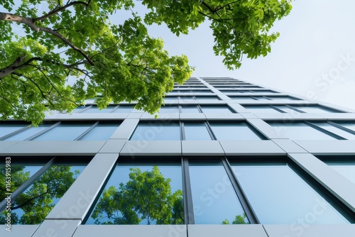Sustainable office building in a modern city. Ecofriendly glass facade surrounded by trees, reducing carbon dioxide and emphasizing energy-efficient design for a greener corporate environment.