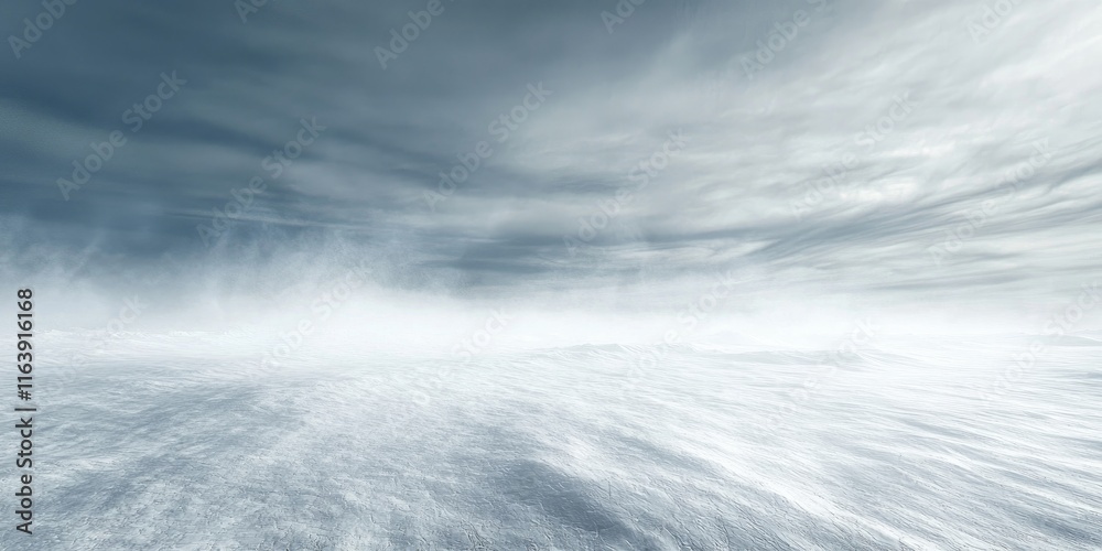 Fototapeta premium A snowstorm blowing fiercely across an empty landscape, with visibility reduced to a few feet.