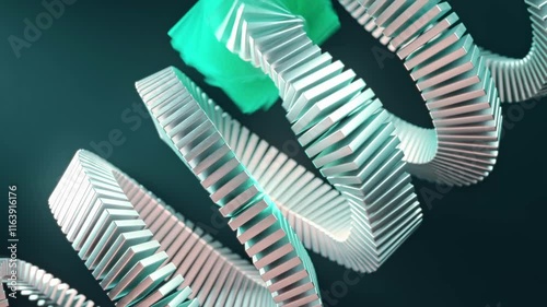 Abstract seamless 3D animation background of metallic spiral structure with flowing turquoise energy wave. Dynamic transformation of geometric plates creates fluid motion effect. Futuristic design for
