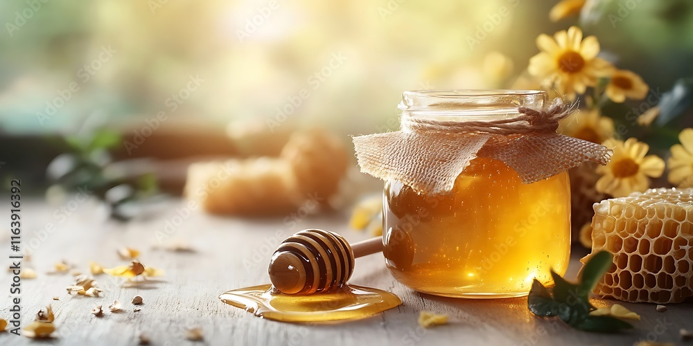 Jar of honey with honeycomb Jar of honey with honeycomb