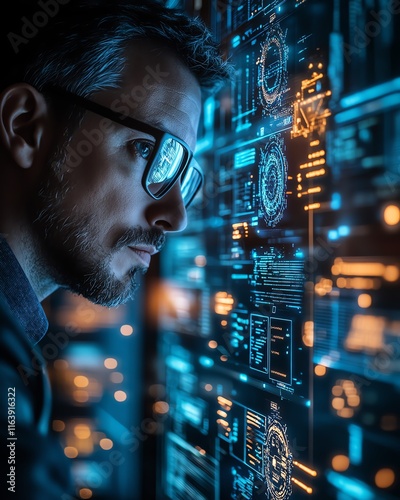 Skilled cybersecurity expert engaged in analyzing a digital screen with glowing security layers and threat detection symbols, set in a techheavy dark background photo