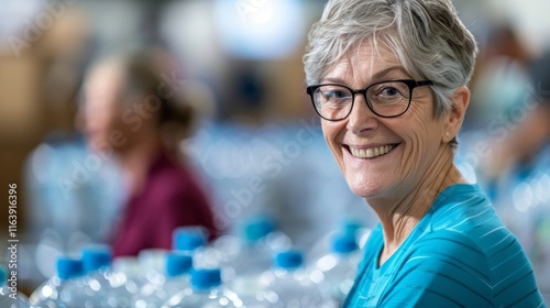 Dedicated senior volunteer sorts essential food donations at local community center, showcasing active retirement through humanitarian service while supporting neighborhood families in need