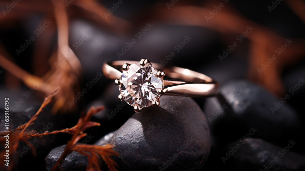 Obraz premium Stunning Engagement Ring with Brilliant Cut Diamond Set in Rose Gold Resting on Natural Stones Surrounded by Delicate Dried Leaves