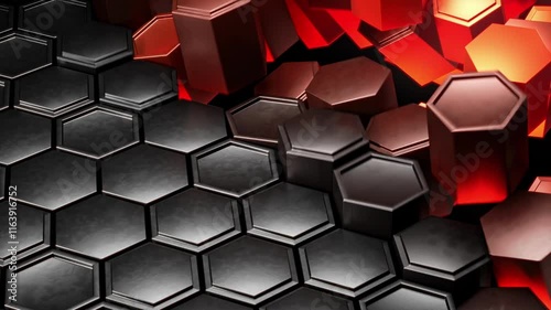 Abstract background featuring metallic hexagonal surface with emerging glowing red columns. Dark geometric pattern transforms as hexagonal pillars rise and fall dynamically. Design for tech