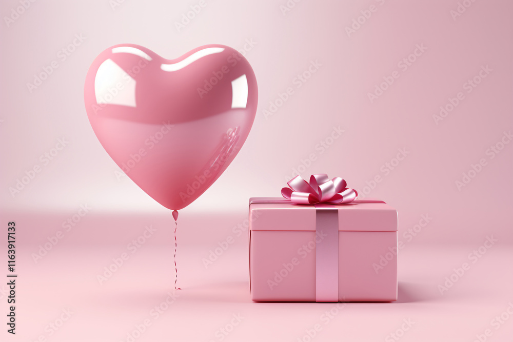 Pink Heart Balloon Floating Next to a Gift Box with Ribbon on a Soft Pink Background for Celebrations and Special Occasions Pink Heart Balloon Floating Next to a Gift Box with Ribbon on a Soft Pink Background for Celebrations and Special Occasions