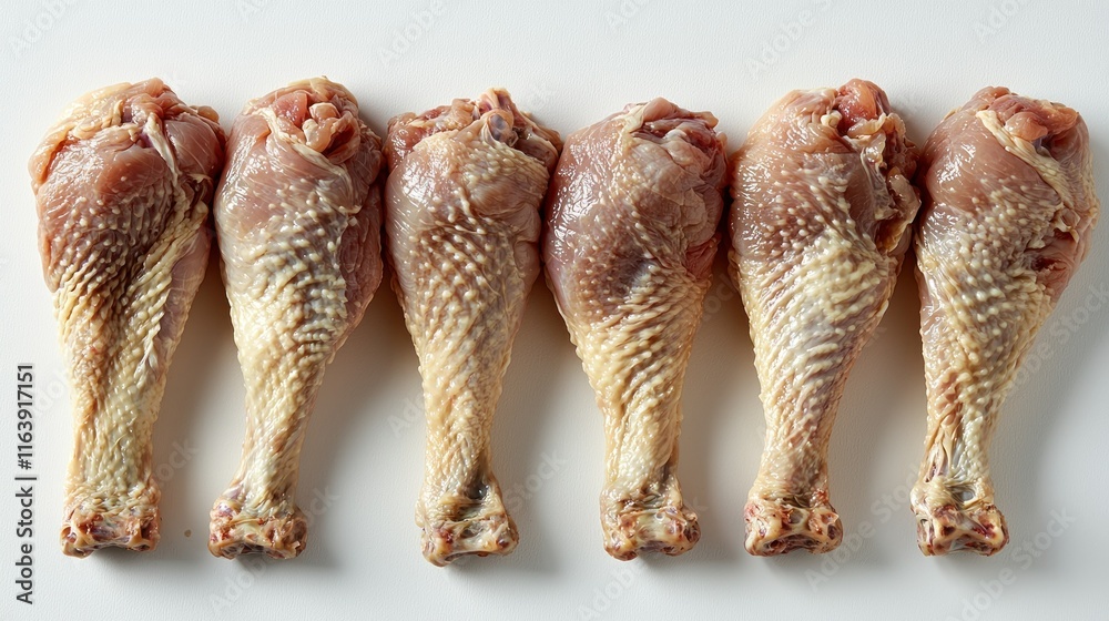 Obraz premium Raw chicken drumsticks arranged on a white surface.