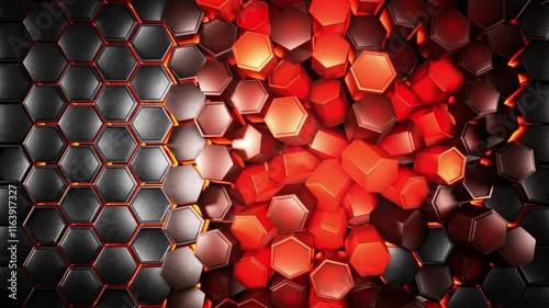 Hexagonal metallic grid featuring pulsating red energy transformation. Dark honeycomb structure with glowing edges creates dramatic lighting effects in seamless loop. Professional rendering quality