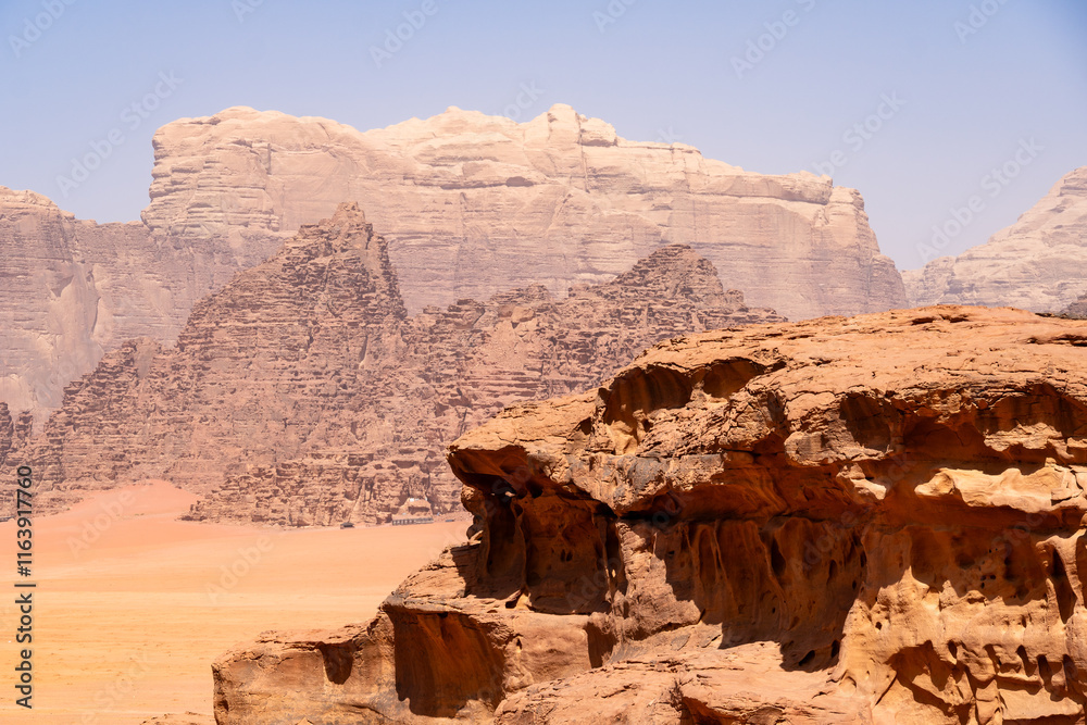 Wadi Rum, Jordan: Dramatic desert landscape of the Wadi Rum area in southern Jordan in the middle east.