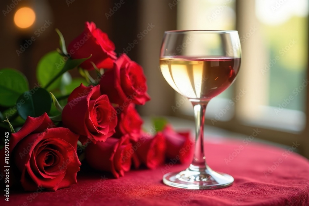 Elegant glass of white wine filled with fragrant red roses on a velvet tablecloth, roses, dinner, elegance Elegant glass of white wine filled with fragrant red roses on a velvet tablecloth, roses, dinner, elegance