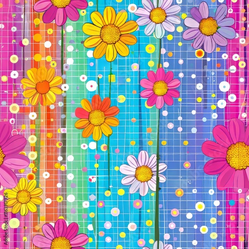 Vibrant floral tile design featuring colorful flowers surrounded by a decorative border
