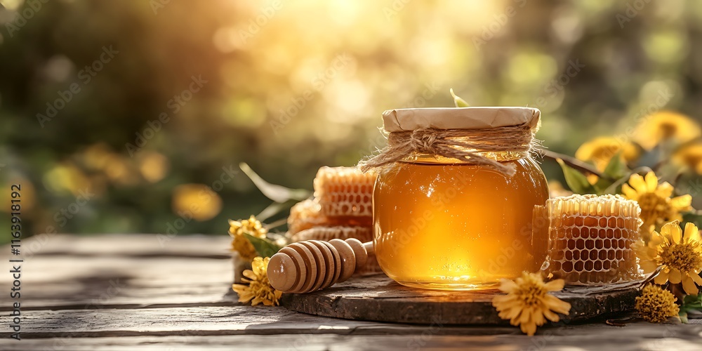 Jar of honey with honeycomb Jar of honey with honeycomb