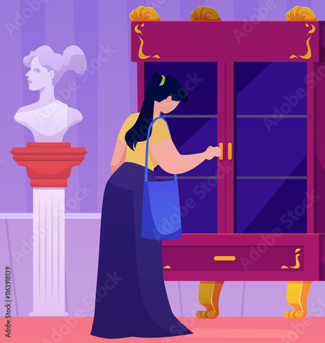 Antique shop, rarity store interior with woman buyer choose retro cabinet vector illustration, pawn shop vintage statue