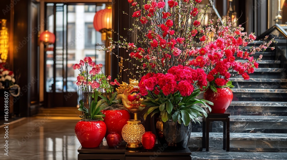 Fototapeta premium Luxurious Red Floral Arrangement in Grand Hotel Lobby