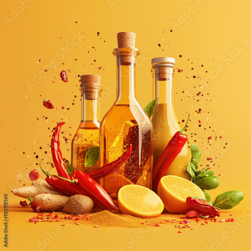 Eid Mubarak Creative 3D Poster Design for Spices and Salad Dressing, Perfect for Advertising and Branding oil and vegetables photo