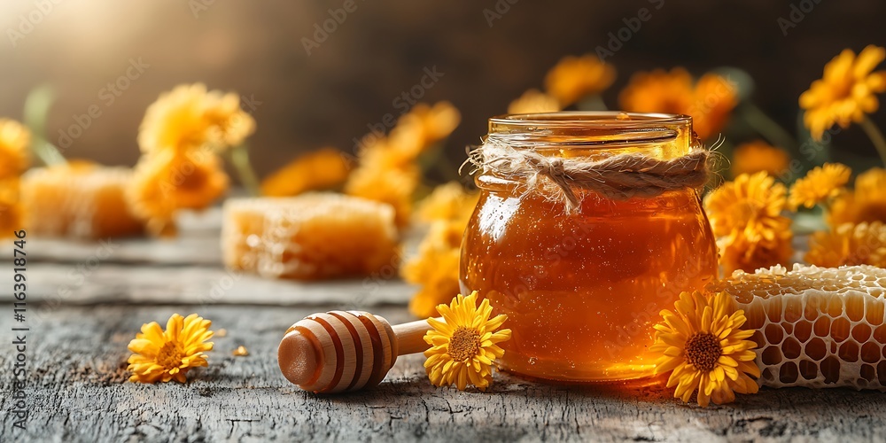 Jar of honey with honeycomb Jar of honey with honeycomb