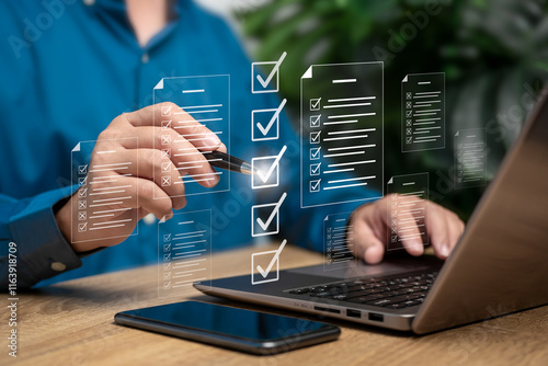 Document checklist online, Document management concept, Businessman checkmark on a document online, Document Management System, Filling out digital checklist, Questionnaire with checkboxes, Survey