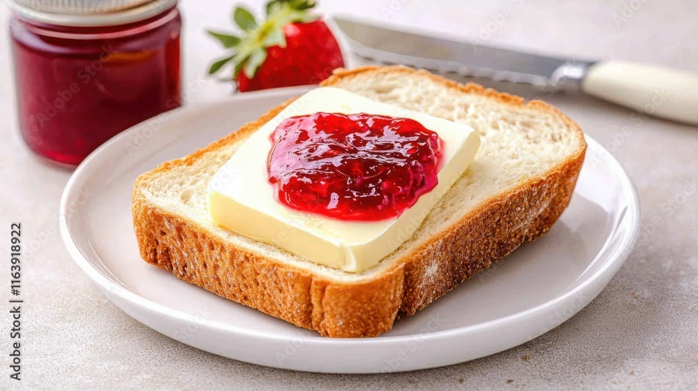 freshly toasted bread being spread with creamy butter and topped with vibrant strawberry jam freshly toasted bread being spread with creamy butter and topped with vibrant strawberry jam