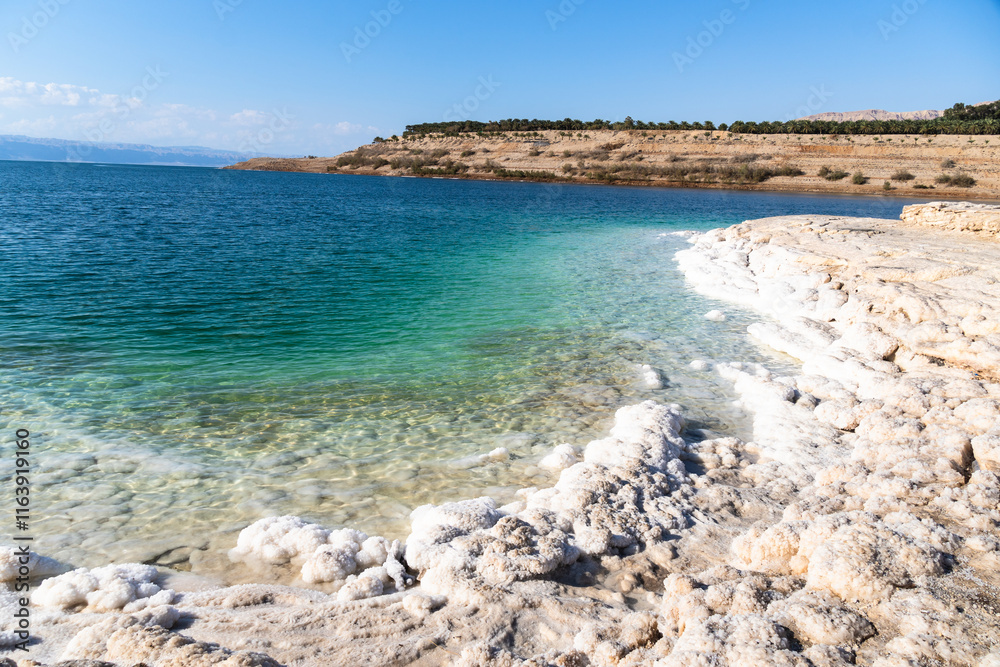 Dead Sea, Jordan: View of the salty shores of the dead sea in Jordan, the lowest point on earth.