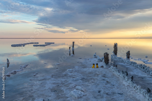Beautiful sunset on the Elton salt lake. Volgograd region, Russia