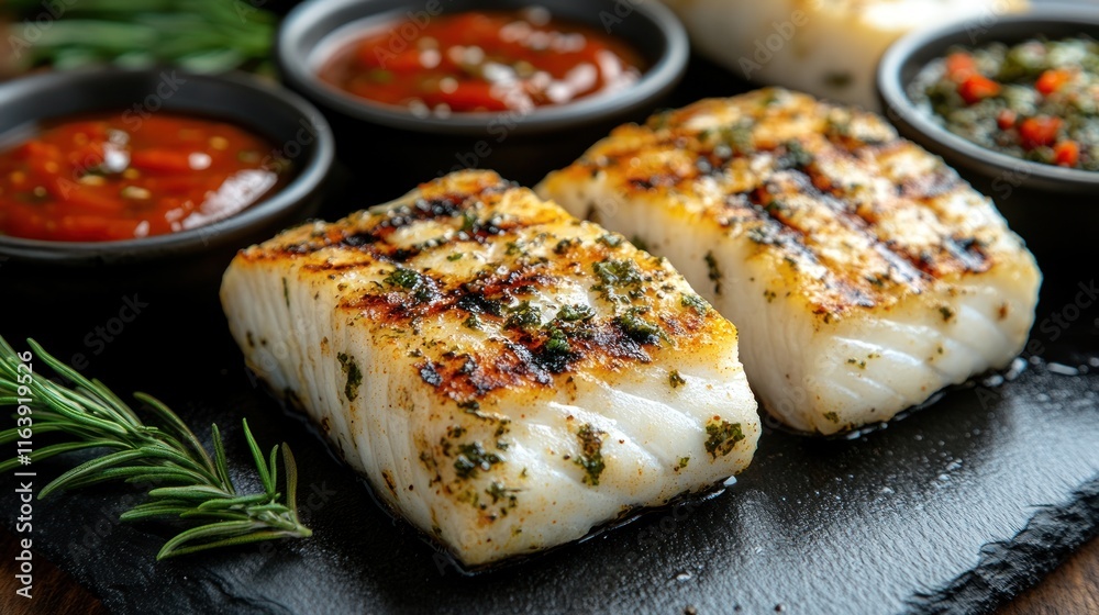 Grilled fish fillets with three dipping sauces. Grilled fish fillets with three dipping sauces.