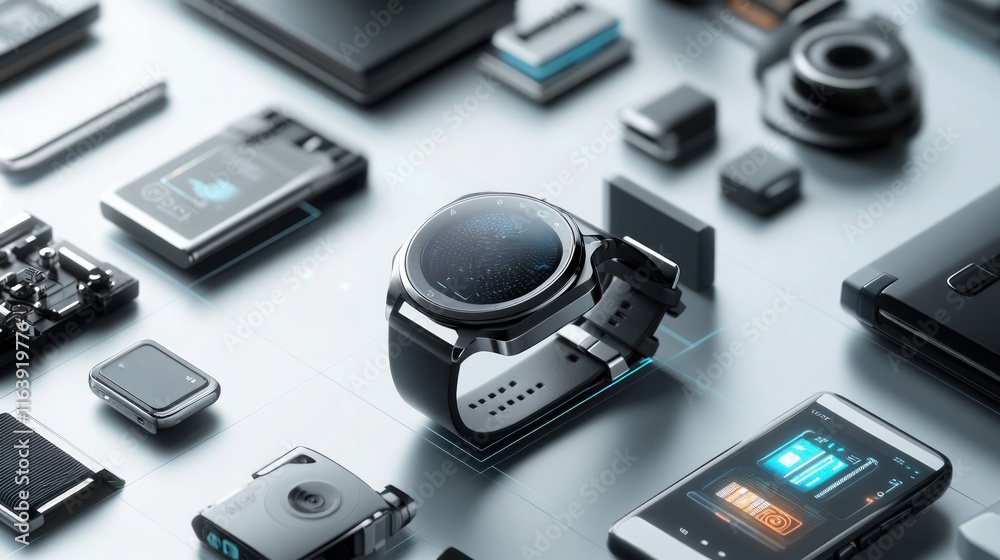 Smartwatch surrounded by various tech gadgets and components on a white background. Smartwatch surrounded by various tech gadgets and components on a white background.
