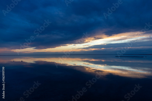 Beautiful sunset on the Elton salt lake. Volgograd region, Russia