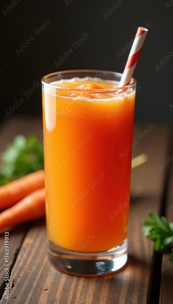 Glass of vibrant carrot juice, paper straw, wooden surface, smoothie, diet, glass Glass of vibrant carrot juice, paper straw, wooden surface, smoothie, diet, glass