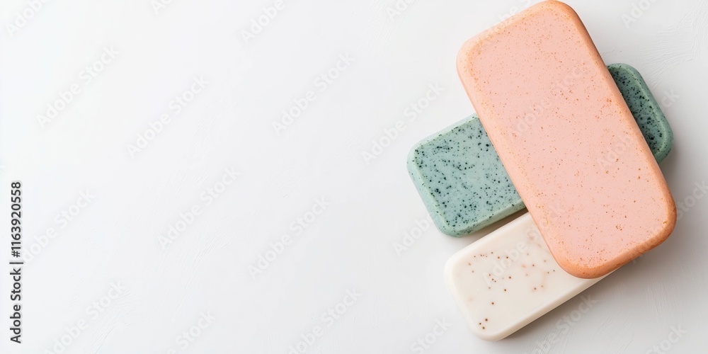 Three different colored soaps stacked on top of each other. The pink soap is on the bottom, the green soap is in the middle, and the white soap is on top Three different colored soaps stacked on top of each other. The pink soap is on the bottom, the green soap is in the middle, and the white soap is on top