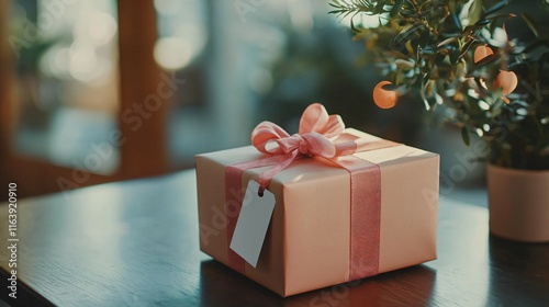 Neatly wrapped gift box with return label on minimalist table, showcasing online shopping returns, e-commerce logistics, and package delivery concepts. photo