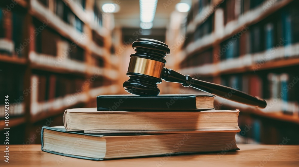 Obraz A gavel rests atop stacked books in a library, symbolizing law and justice, This image is perfect for legal websites, articles about the justice system, or educational materials related to law,