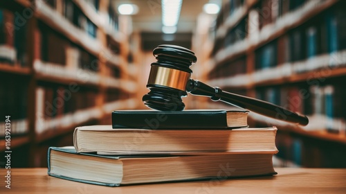 A gavel rests atop stacked books in a library, symbolizing law and justice, This image is perfect for legal websites, articles about the justice system, or educational materials related to law,
