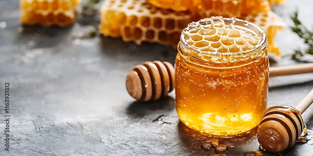 Jar of honey with honeycomb
Jar of honey with honeycomb