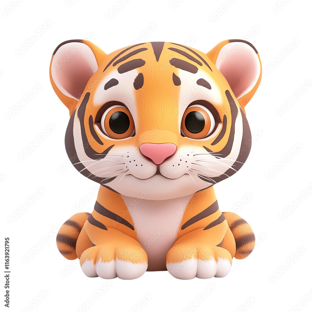 Naklejka premium A cute, cartoonish tiger figurine with large eyes, rounded features, and vibrant orange and black stripes, showcasing an adorable expression.