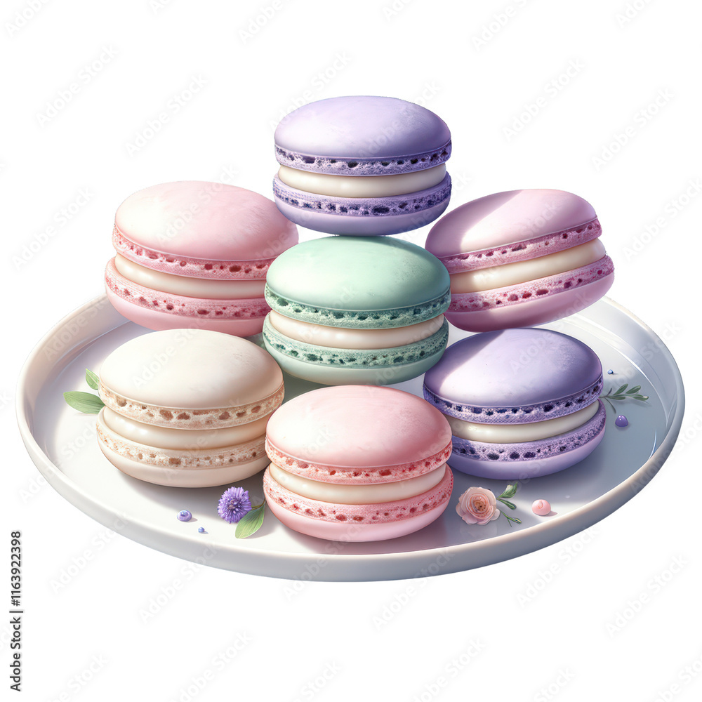 Obraz premium Colorful Almond Macarons on a Decorative Plate with Floral Accents