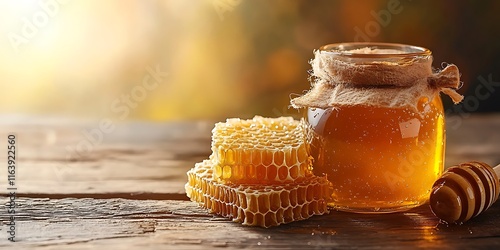 Jar of honey with honeycomb