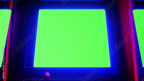 Vibrant Arcade Gaming Experience Bright Green and Blue Screens Illuminate Retro Technology for Ultimate Entertainment and Nostalgia