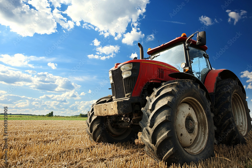 Agricultural tractor working in a sunny field Agricultural tractor working in a sunny field